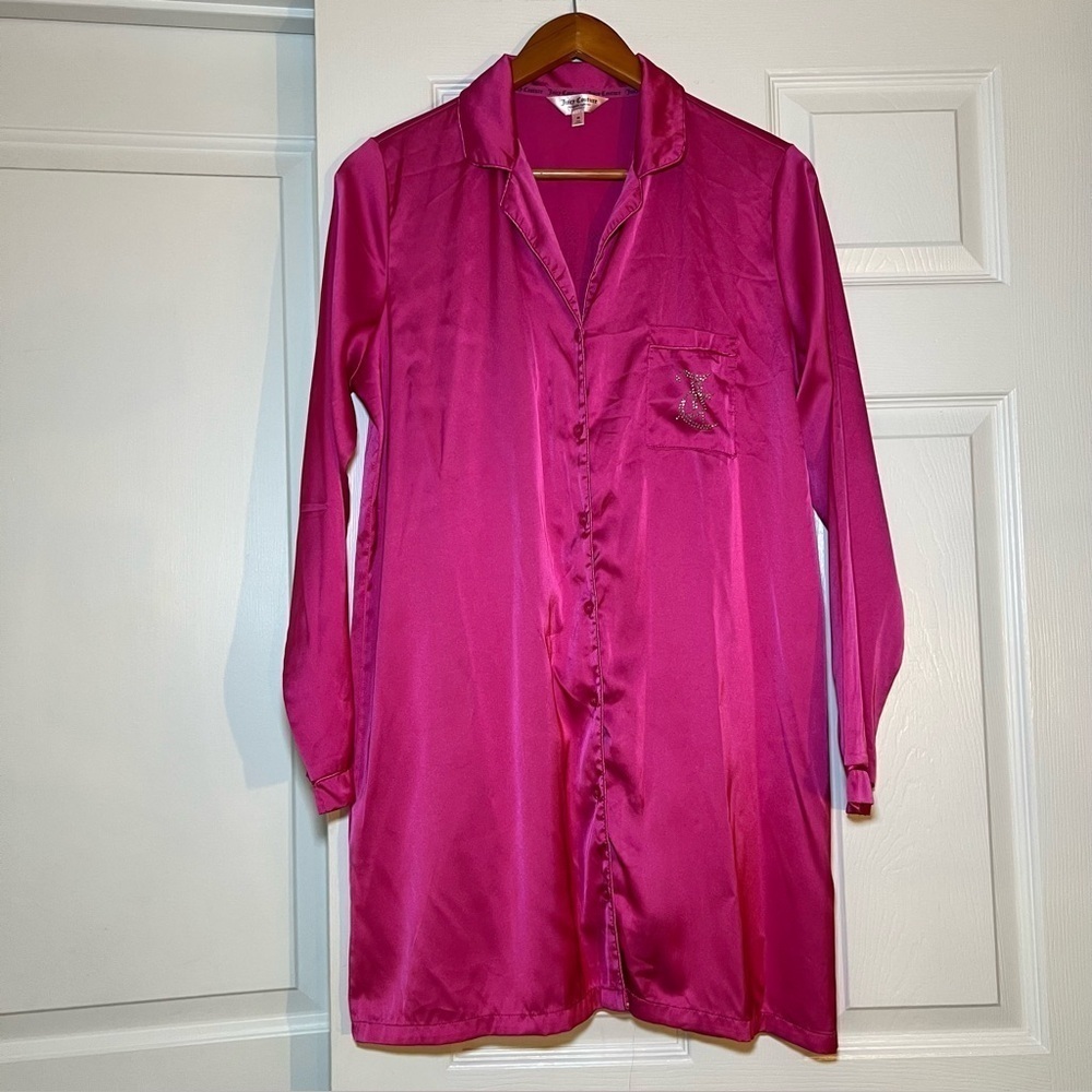 Juicy Couture Long Sleeve Satin Button Up Rhinestone Sleep Shirt Barbie Pink - Picture 2 of 7